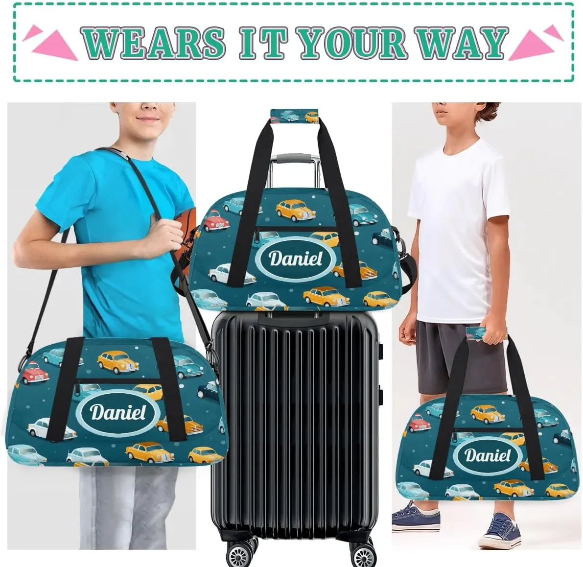 Personalized Duffel Bags for Kids Custom Gym Bag Small Dance Bag Travel Luggage Bags for Sports Blue Car