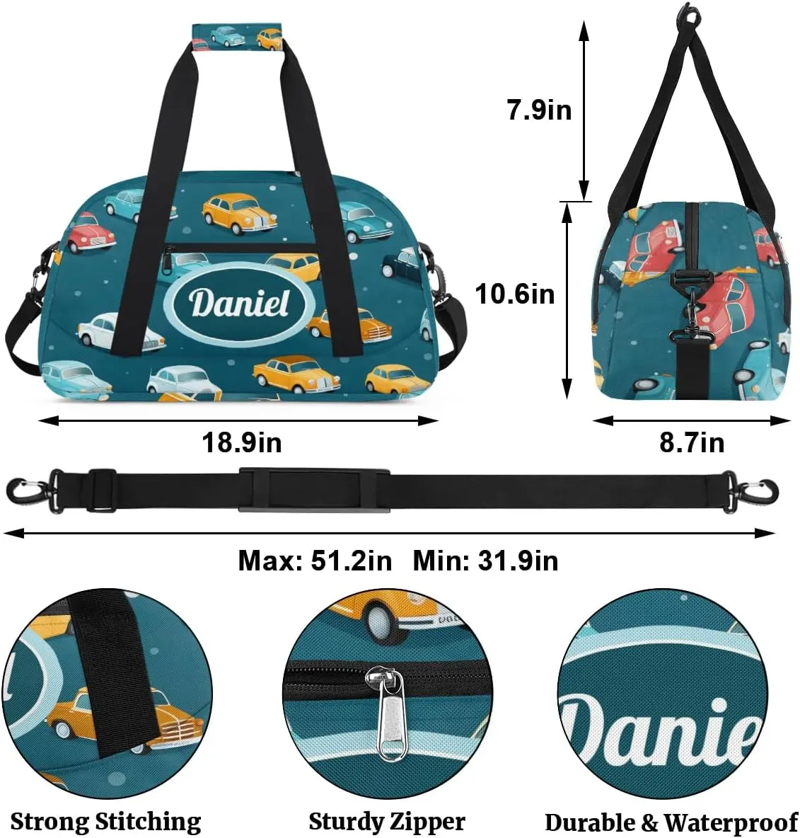 Personalized Duffel Bags for Kids Custom Gym Bag Small Dance Bag Travel Luggage Bags for Sports Blue Car
