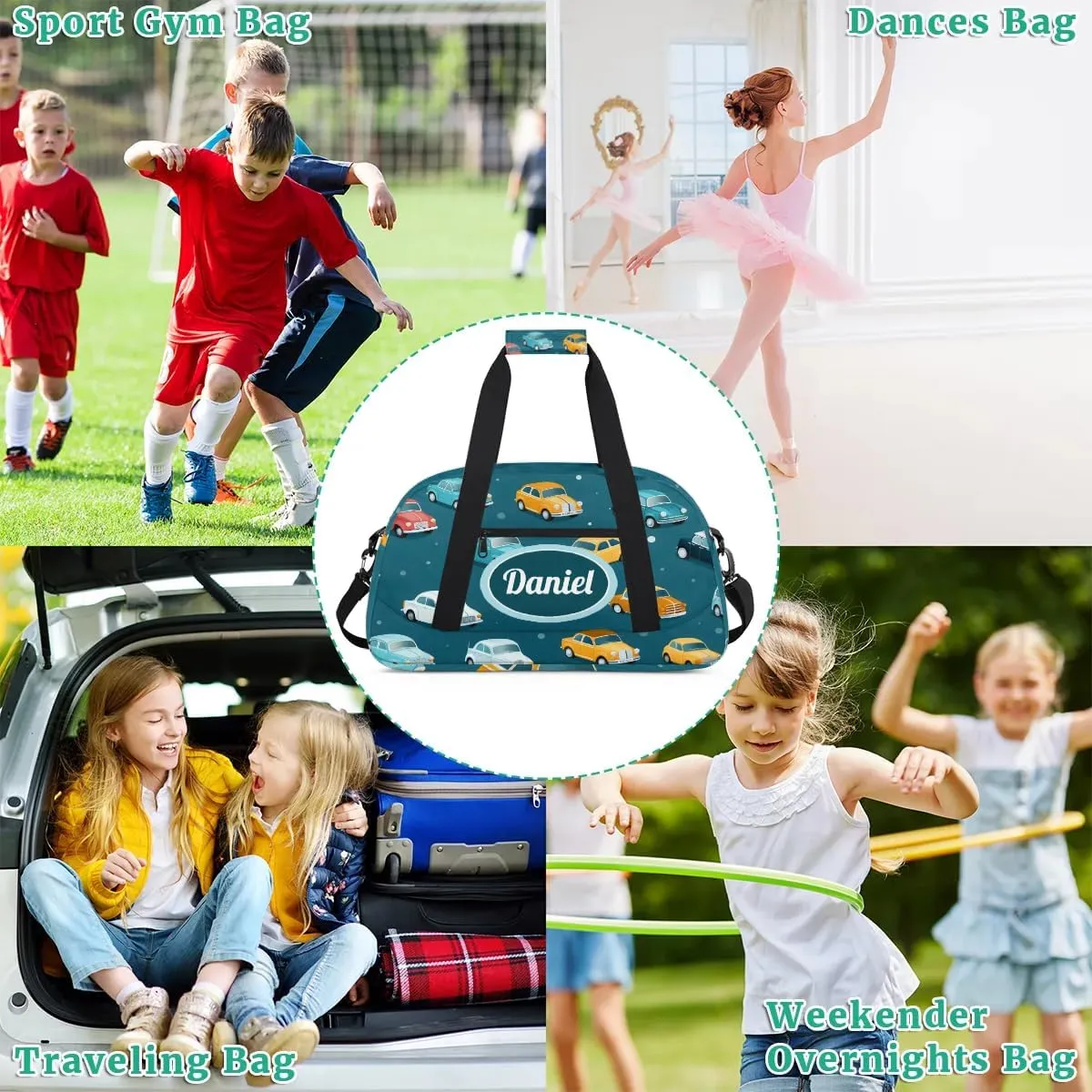 Personalized Duffel Bags for Kids Custom Gym Bag Small Dance Bag Travel Luggage Bags for Sports Blue Car