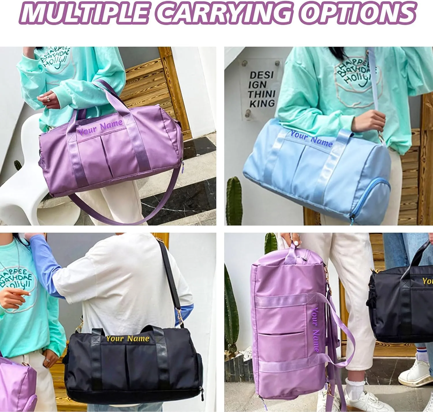 Personalized Duffle Bag with Photo Name Text, Customized Travel Bags with Wet Dry Pockets & Shoe Compartment, Custom Ballet Dance Sport Gym Bag for Women Girls