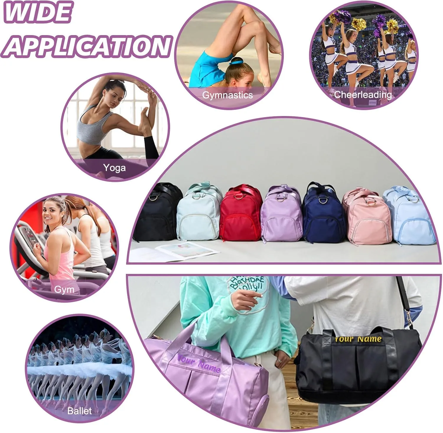 Personalized Duffle Bag with Photo Name Text, Customized Travel Bags with Wet Dry Pockets & Shoe Compartment, Custom Ballet Dance Sport Gym Bag for Women Girls