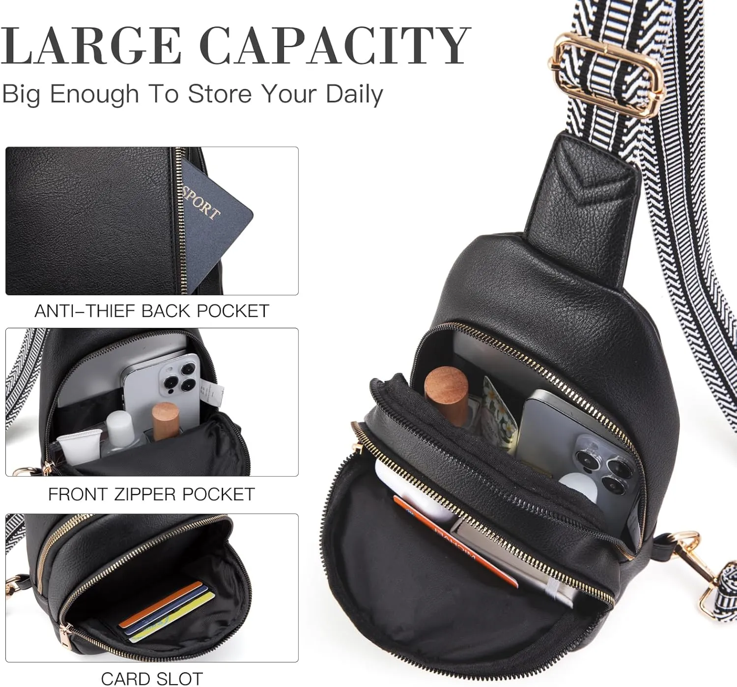 Personalized Gifts for Women Initial Sling Bag PU Leather Crossbody Bags for Women Fanny Pack Cross Body Chest Bag for Travel (Black-A)