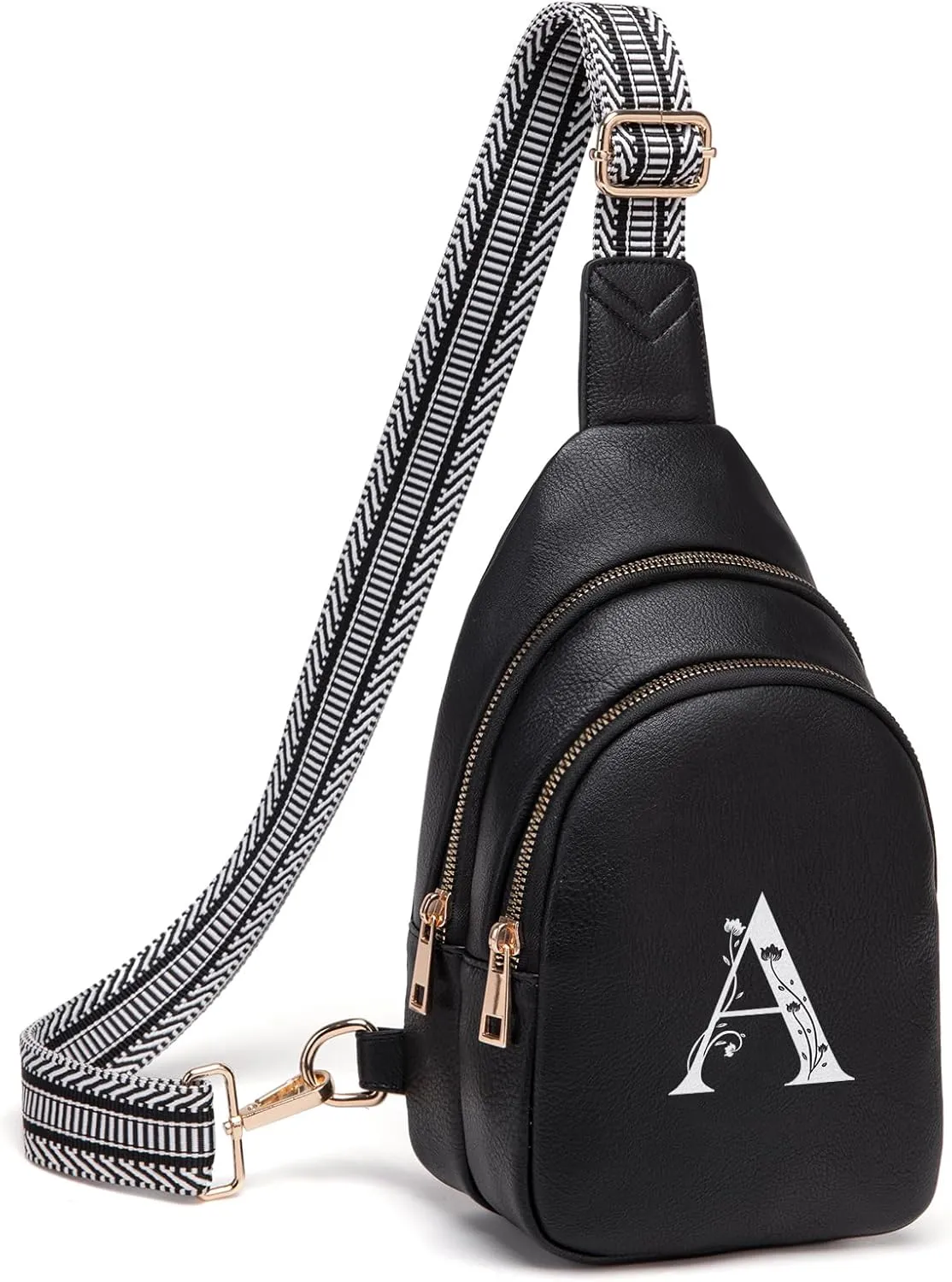 Personalized Gifts for Women Initial Sling Bag PU Leather Crossbody Bags for Women Fanny Pack Cross Body Chest Bag for Travel (Black-A)