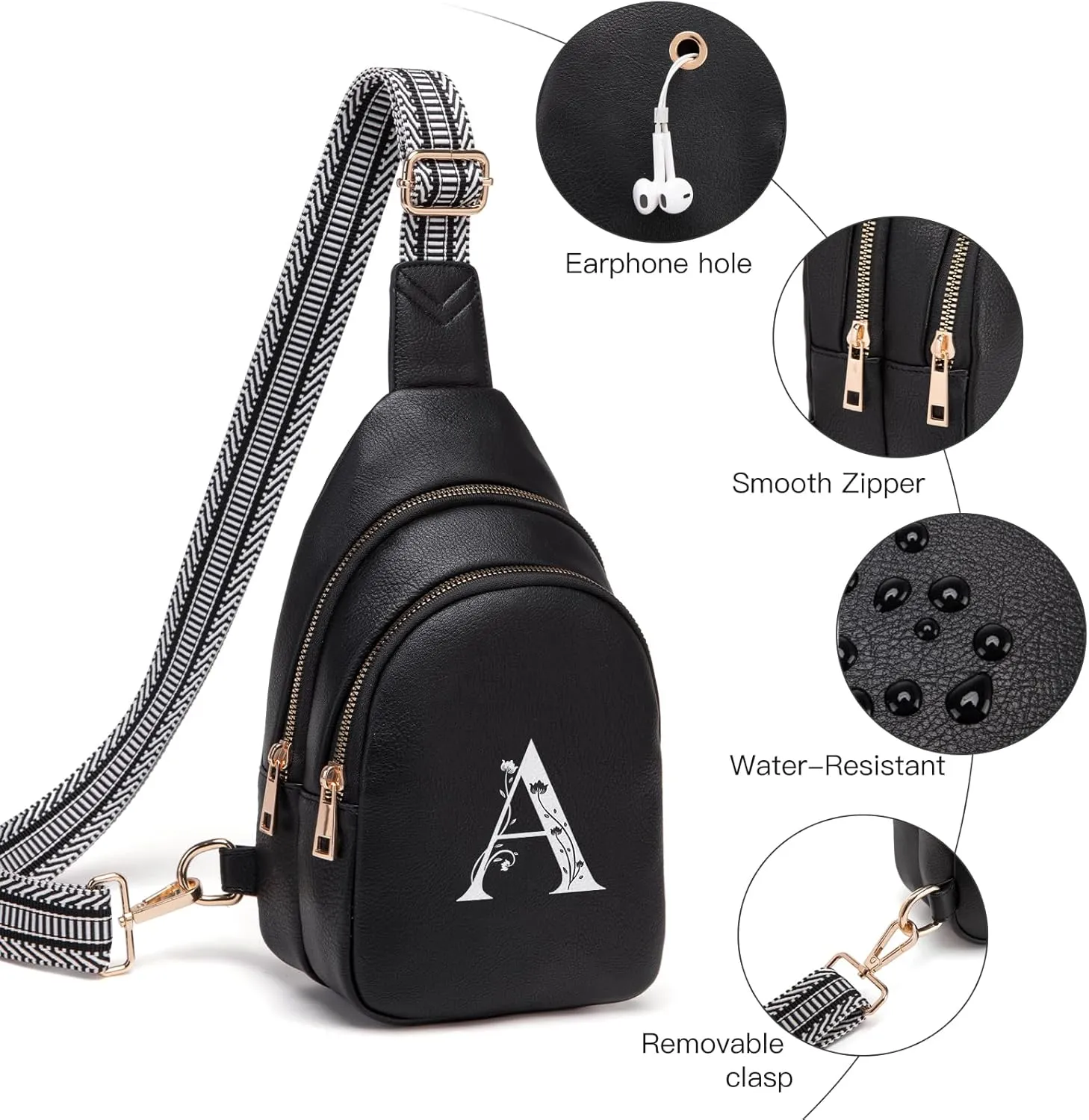 Personalized Gifts for Women Initial Sling Bag PU Leather Crossbody Bags for Women Fanny Pack Cross Body Chest Bag for Travel (Black-A)