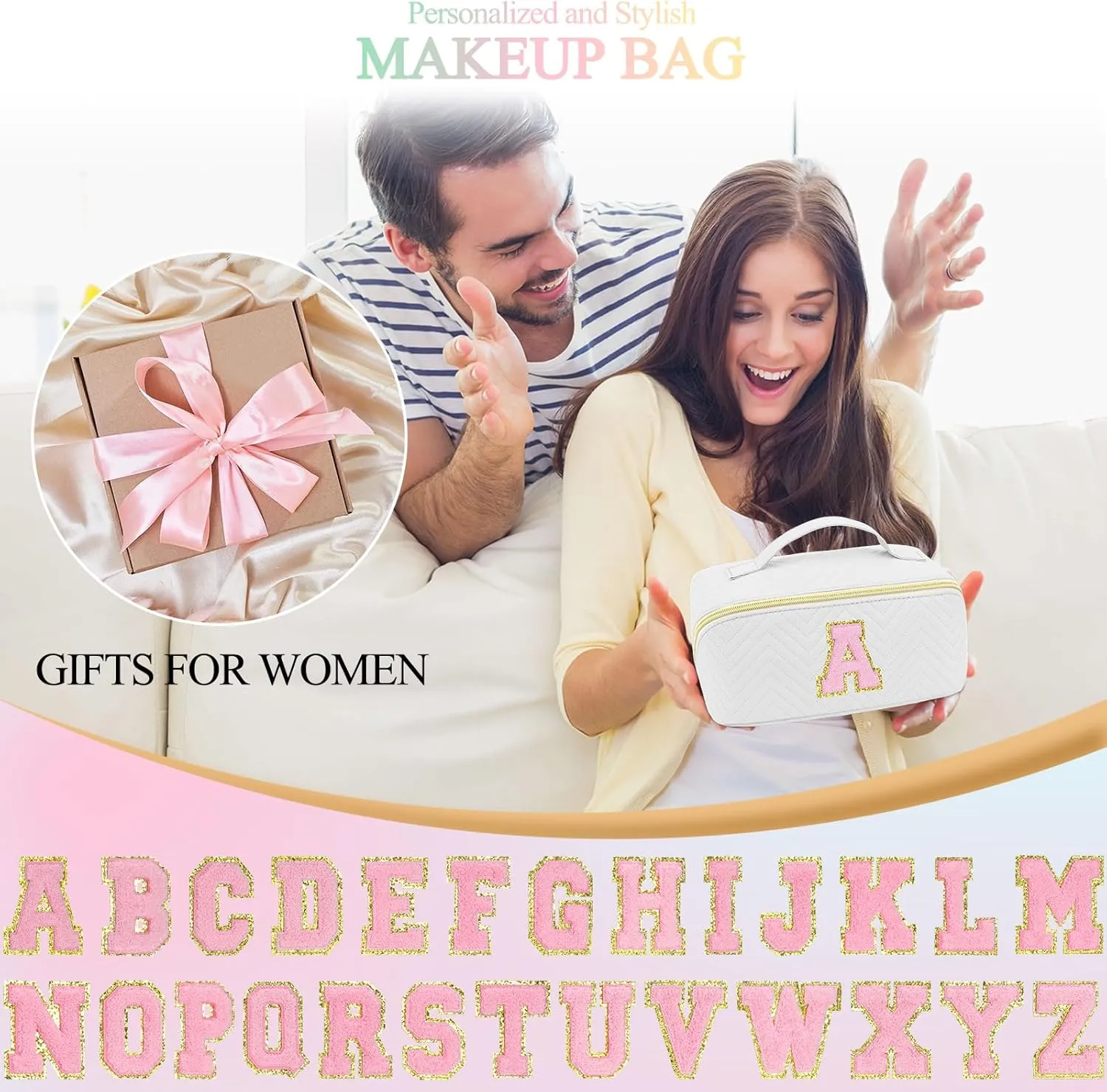 Personalized Initial Makeup Bag | Trendy Cosmetic Bags Travel Toiletry Bag for Teen Girls Women Girlfriend, mother's day/graduation/Birthday day Gifts Portable Make up Bag Leather Waterproof Organizer