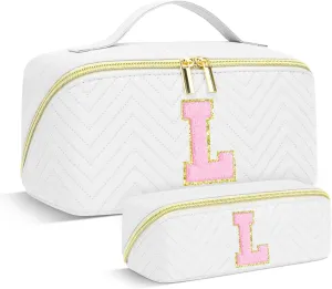 Personalized Initial Makeup Bag | Trendy Cosmetic Bags Travel Toiletry Bag for Teen Girls Women Girlfriend, mother's day/graduation/Birthday day Gifts Portable Make up Bag Leather Waterproof Organizer