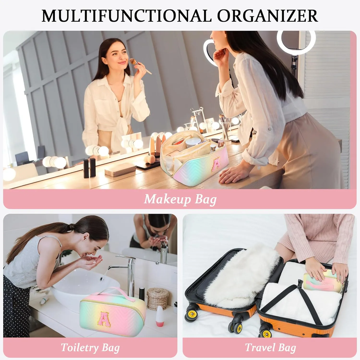 Personalized Initial Makeup Bag | Trendy Cosmetic Bags Travel Toiletry Bag for Teen Girls Women Girlfriend, mother's day/graduation/Birthday day Gifts Portable Make up Bag Leather Waterproof Organizer