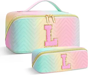Personalized Initial Makeup Bag | Trendy Cosmetic Bags Travel Toiletry Bag for Teen Girls Women Girlfriend, mother's day/graduation/Birthday day Gifts Portable Make up Bag Leather Waterproof Organizer