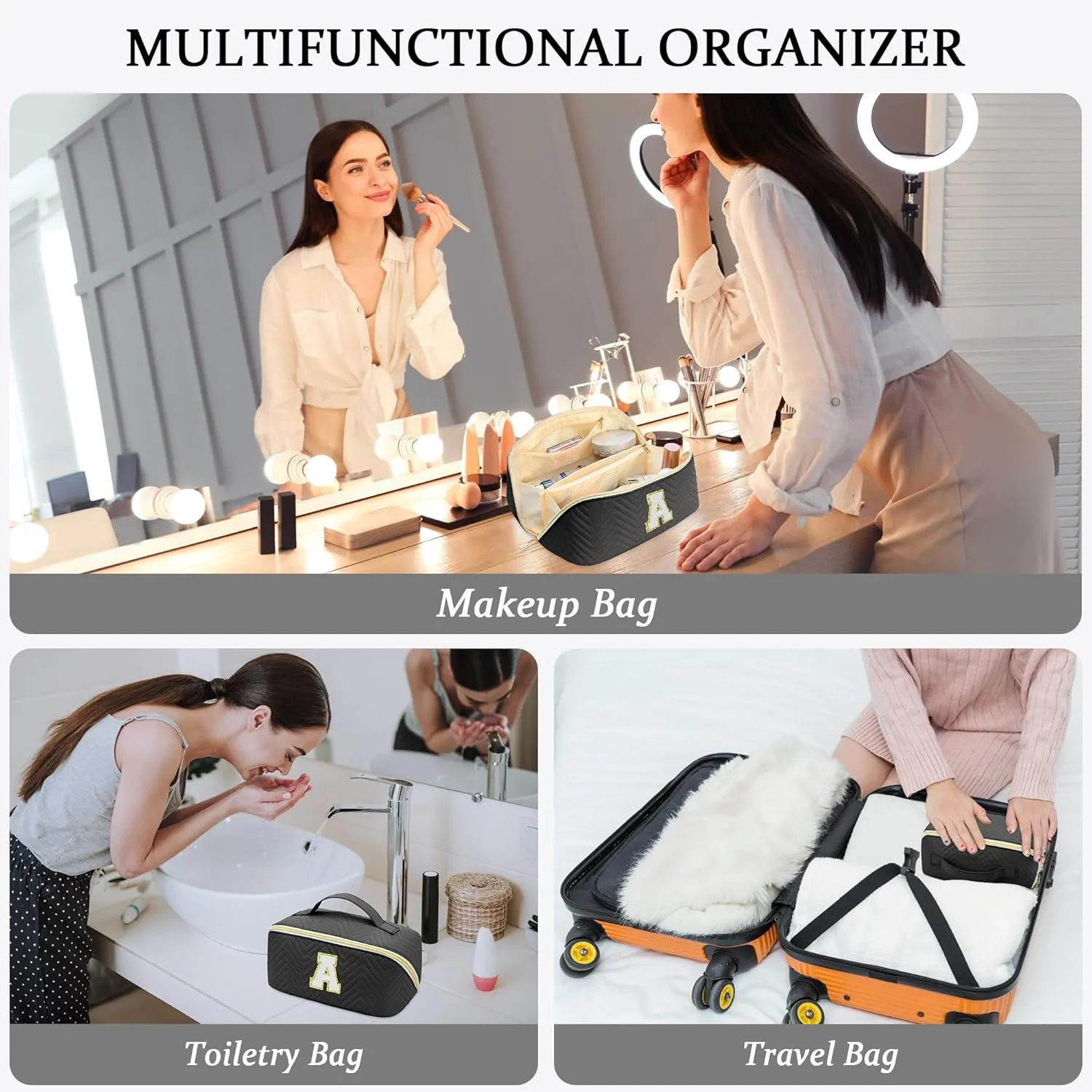 Personalized Initial Makeup Bag | Trendy Large Capacity Cosmetic Bags Travel Toiletry Bag Teen Girls Women Girlfriend Teacher Gifts, Birthday Gifts Leather Waterproof Portable Make up Bag Organizer B