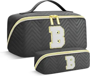Personalized Initial Makeup Bag | Trendy Large Capacity Cosmetic Bags Travel Toiletry Bag Teen Girls Women Girlfriend Teacher Gifts, Birthday Gifts Leather Waterproof Portable Make up Bag Organizer B