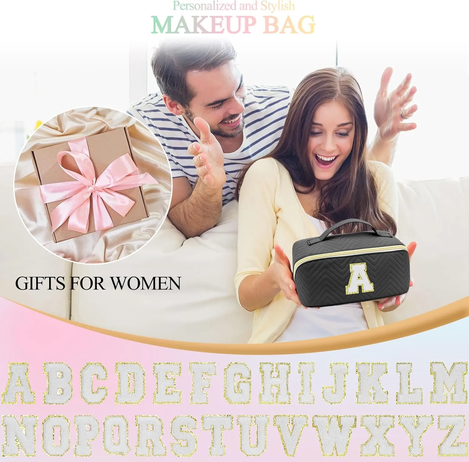 Personalized Initial Makeup Bag | Trendy Large Capacity Cosmetic Bags Travel Toiletry Bag Teen Girls Women Girlfriend Teacher Gifts, Birthday Gifts Leather Waterproof Portable Make up Bag Organizer L