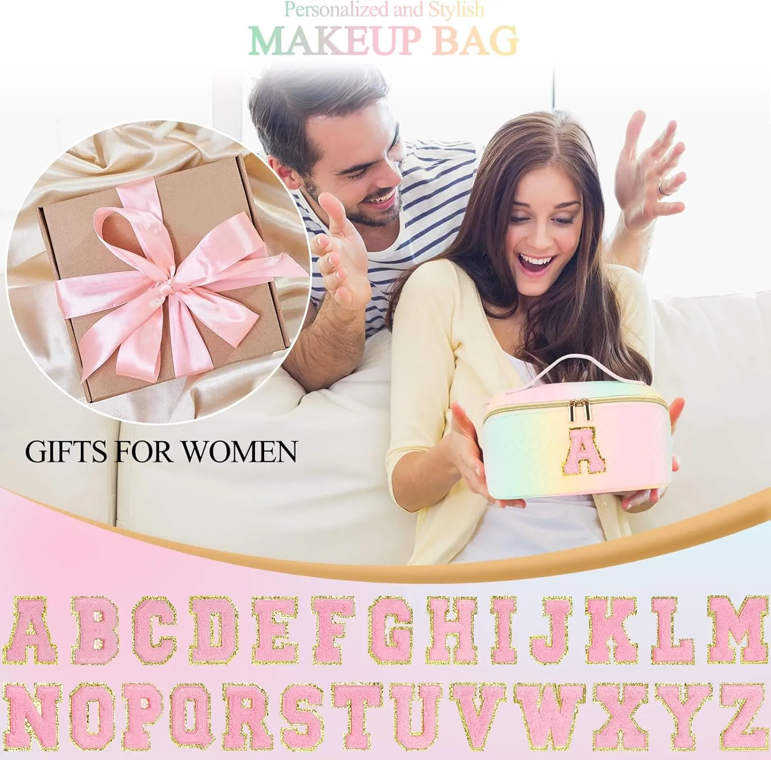Personalized Initial Makeup Bag | Trendy Large Capacity Cosmetic Bags Travel Toiletry Bag Teen Girls Women Girlfriend Teacher Gifts, Birthday Gifts Leather Waterproof Portable Make up Bag Organizer L