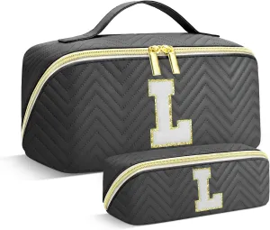 Personalized Initial Makeup Bag | Trendy Large Capacity Cosmetic Bags Travel Toiletry Bag Teen Girls Women Girlfriend Teacher Gifts, Birthday Gifts Leather Waterproof Portable Make up Bag Organizer L