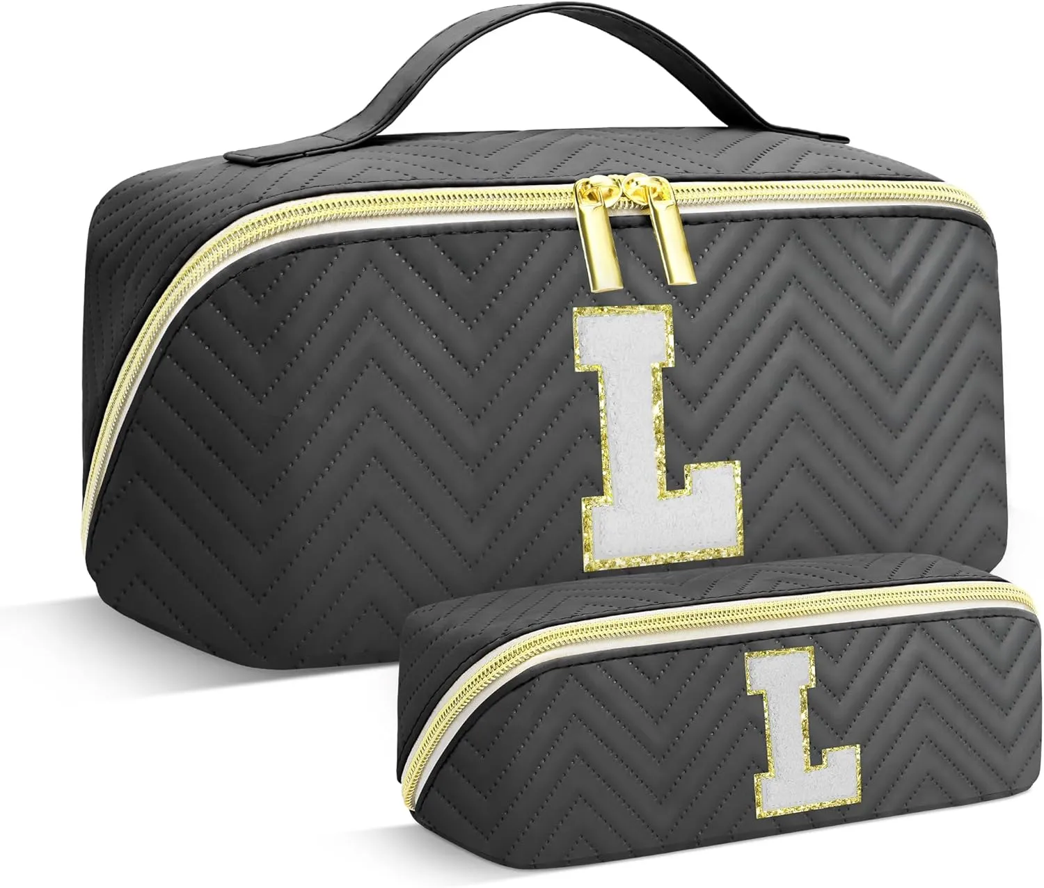 Personalized Initial Makeup Bag | Trendy Large Capacity Cosmetic Bags Travel Toiletry Bag Teen Girls Women Girlfriend Teacher Gifts, Birthday Gifts Leather Waterproof Portable Make up Bag Organizer L