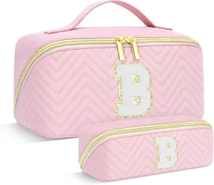 Personalized Initial Pink Makeup Bag | Trendy Cosmetic Bags Travel Toiletry Bag for Teen Girls Women, Mother's day/graduation/Birthday day Gifts Portable Make up Bag Leather Waterproof Organizer B