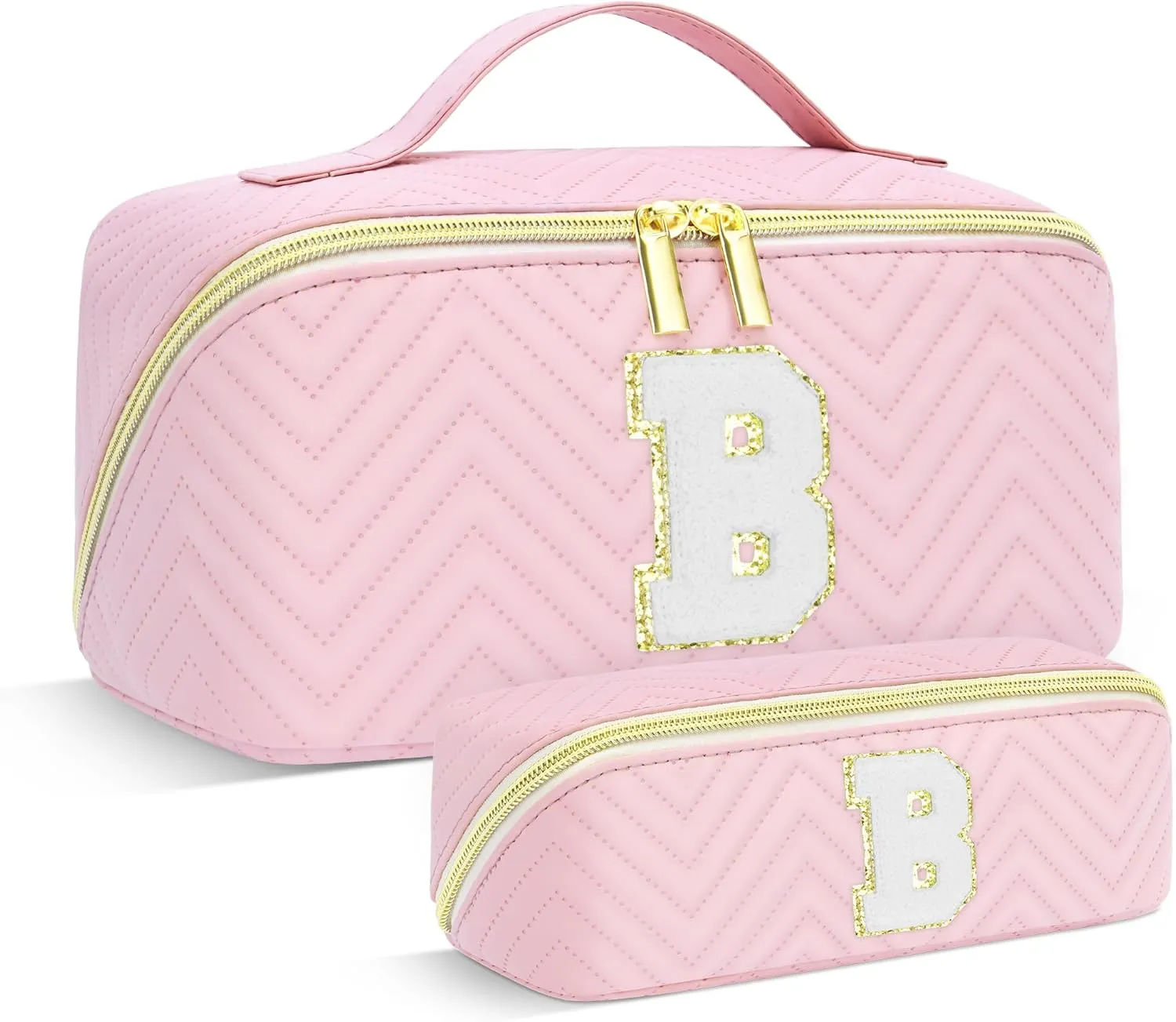 Personalized Initial Pink Makeup Bag | Trendy Cosmetic Bags Travel Toiletry Bag for Teen Girls Women, Mother's day/graduation/Birthday day Gifts Portable Make up Bag Leather Waterproof Organizer B
