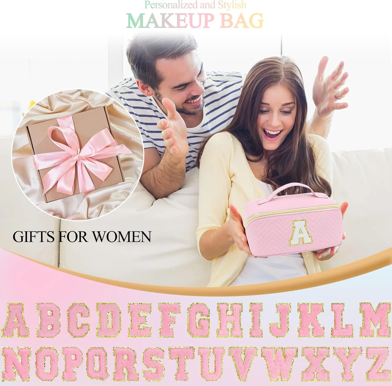 Personalized Initial Pink Makeup Bag | Trendy Cosmetic Bags Travel Toiletry Bag for Teen Girls Women, Mother's day/graduation/Birthday day Gifts Portable Make up Bag Leather Waterproof Organizer B
