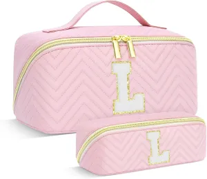 Personalized Initial Pink Makeup Bag | Trendy Cosmetic Bags Travel Toiletry Bag for Teen Girls Women, mother's day/graduation/Birthday day Gifts Portable Make up Bag Leather Waterproof Organizer L