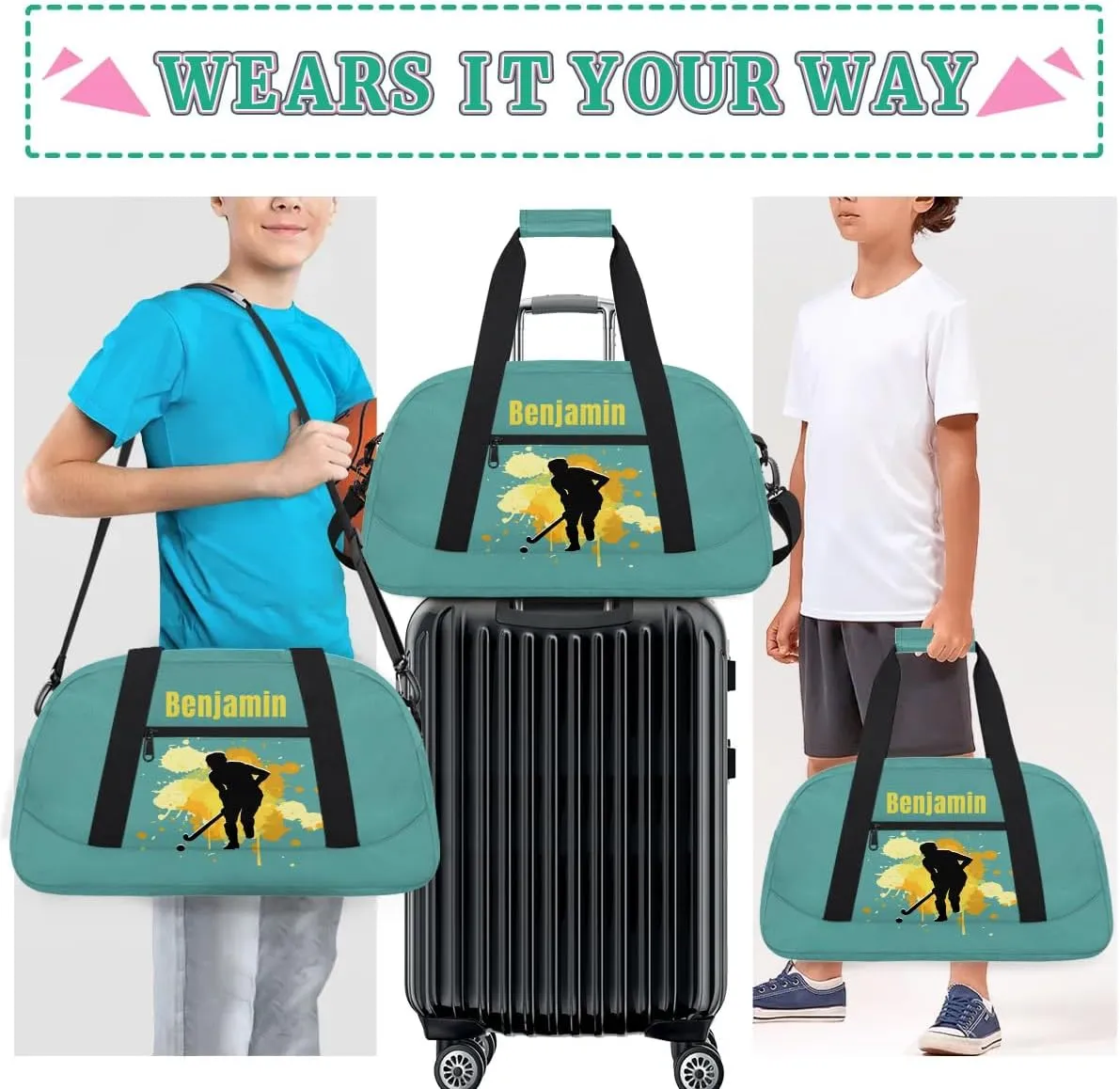 Personalized Kids Duffel Bag,Custom Sport Gym Bag for Boys Girls,Weekender Overnight Bags Travel Duffel Bag,Customized Kids Gift Hockey