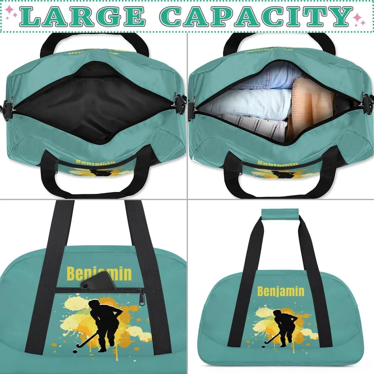 Personalized Kids Duffel Bag,Custom Sport Gym Bag for Boys Girls,Weekender Overnight Bags Travel Duffel Bag,Customized Kids Gift Hockey