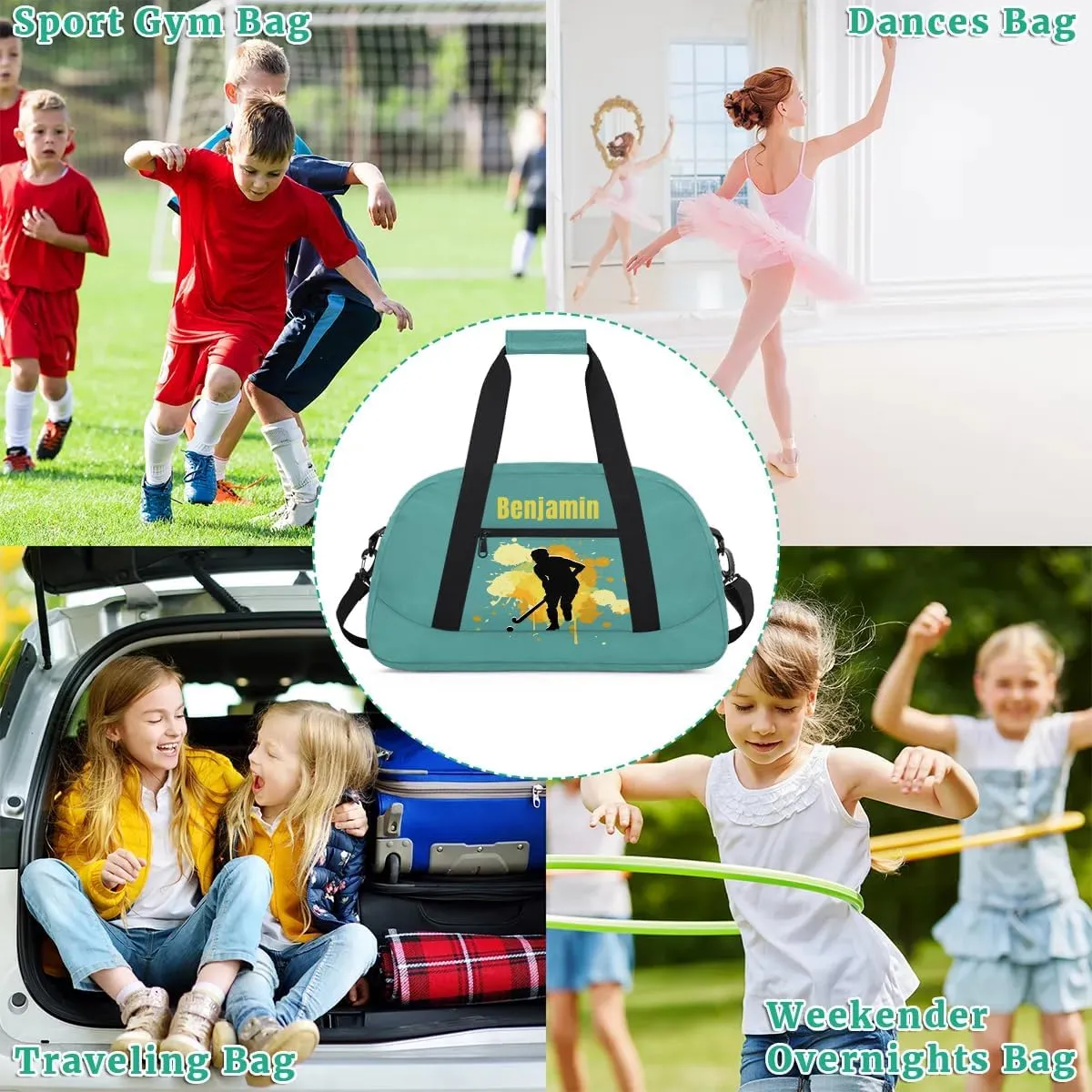 Personalized Kids Duffel Bag,Custom Sport Gym Bag for Boys Girls,Weekender Overnight Bags Travel Duffel Bag,Customized Kids Gift Hockey
