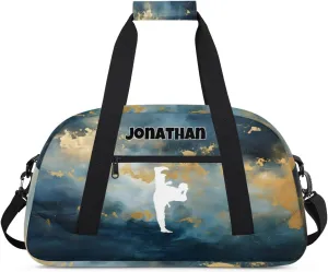 Personalized Sports Duffel Bag with Name, Men Sport Duffel Gym Training Bag Weekender Bags Athlete Bag Travel Workout Duffel Bag, Taekwondo Silhouette Dark Blue Green Marble Pattern