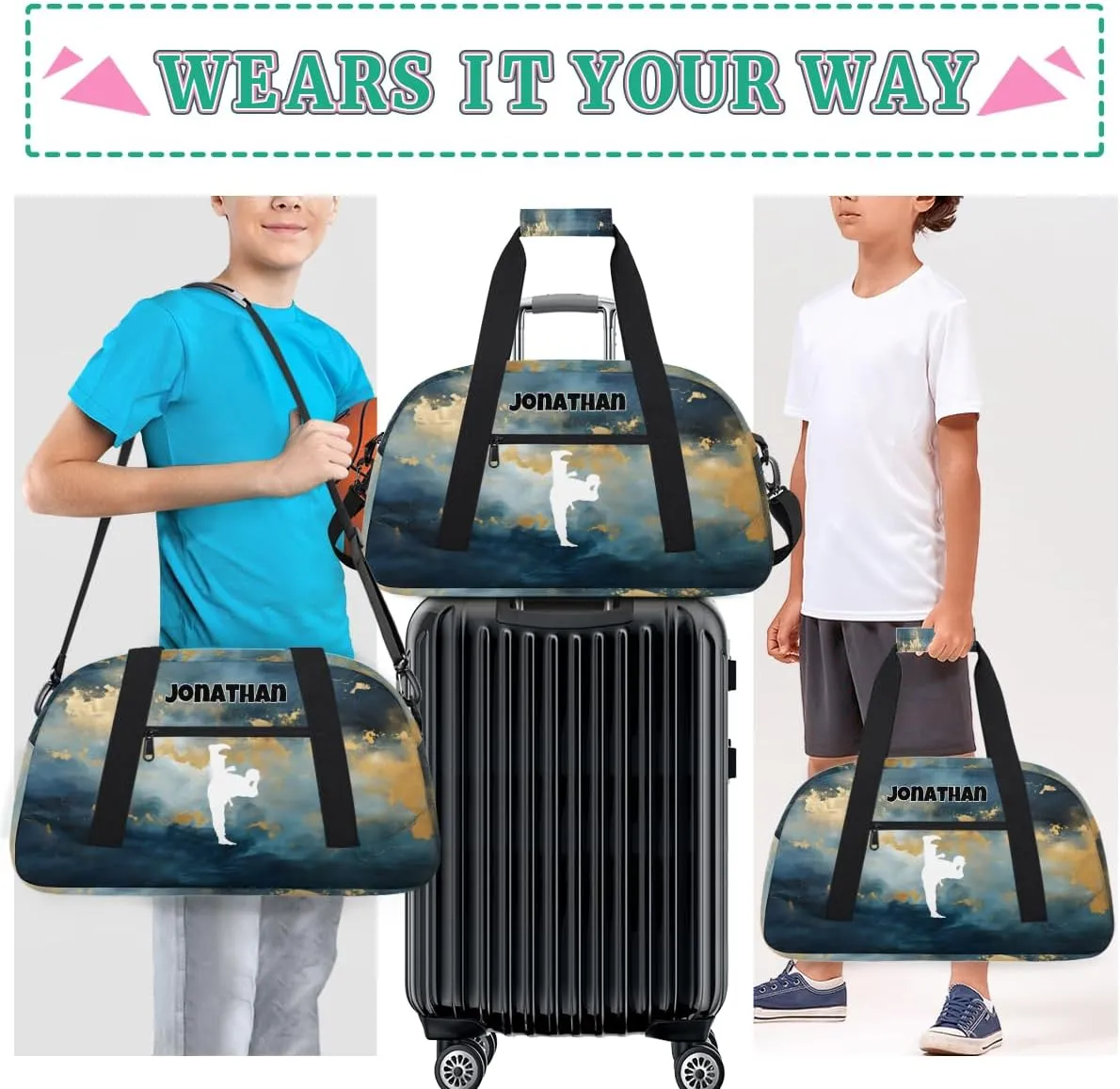 Personalized Sports Duffel Bag with Name, Men Sport Duffel Gym Training Bag Weekender Bags Athlete Bag Travel Workout Duffel Bag, Taekwondo Silhouette Dark Blue Green Marble Pattern