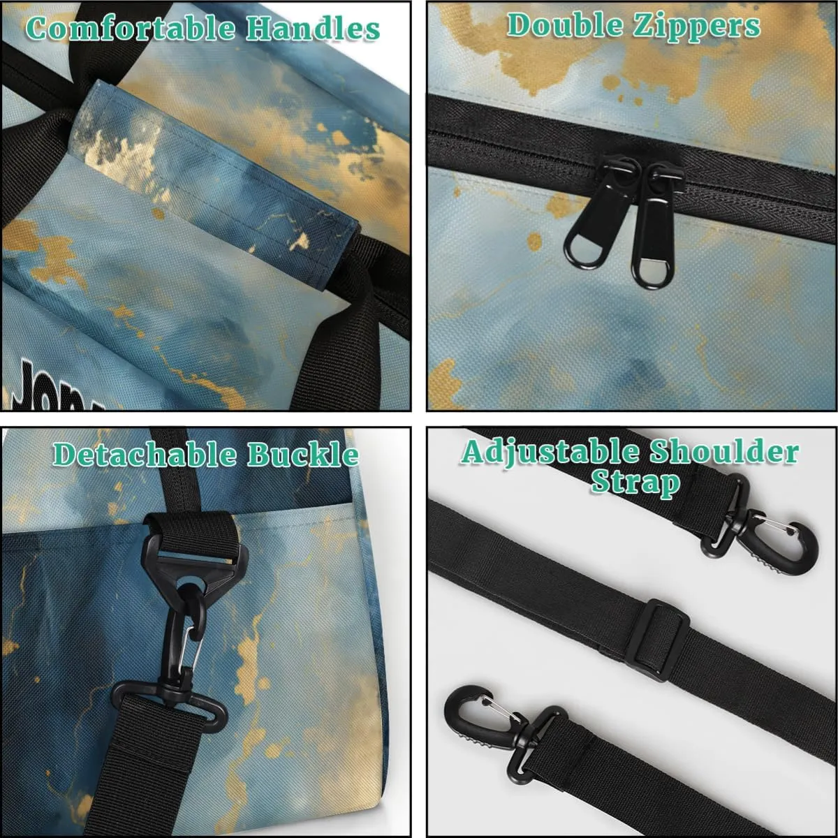 Personalized Sports Duffel Bag with Name, Men Sport Duffel Gym Training Bag Weekender Bags Athlete Bag Travel Workout Duffel Bag, Taekwondo Silhouette Dark Blue Green Marble Pattern