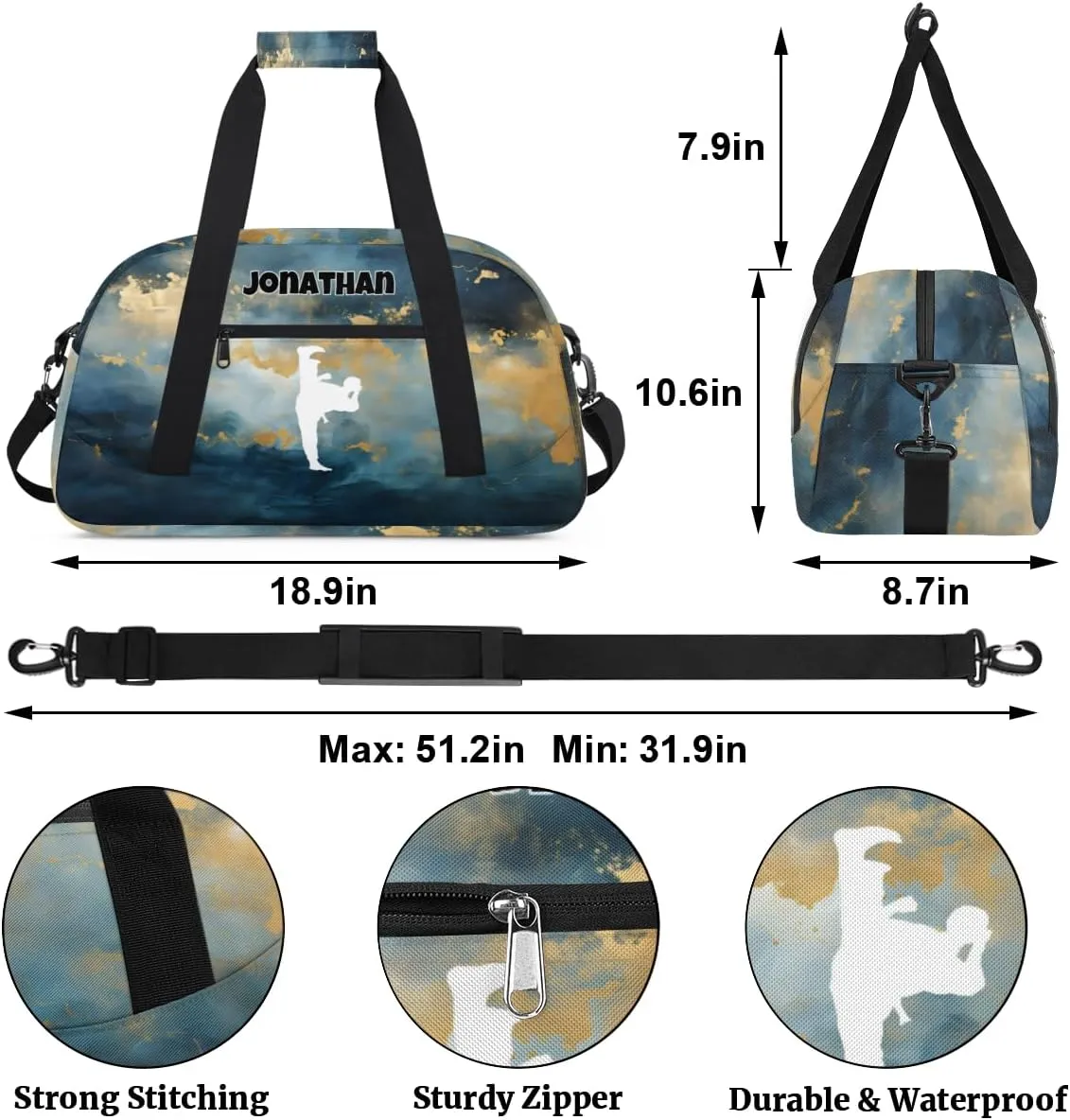 Personalized Sports Duffel Bag with Name, Men Sport Duffel Gym Training Bag Weekender Bags Athlete Bag Travel Workout Duffel Bag, Taekwondo Silhouette Dark Blue Green Marble Pattern