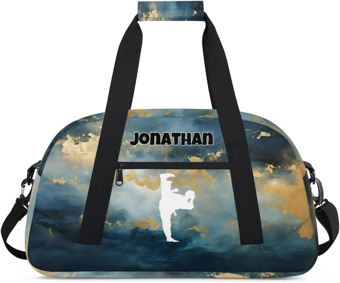 Personalized Sports Duffel Bag with Name, Men Sport Duffel Gym Training Bag Weekender Bags Athlete Bag Travel Workout Duffel Bag, Taekwondo Silhouette Dark Blue Green Marble Pattern