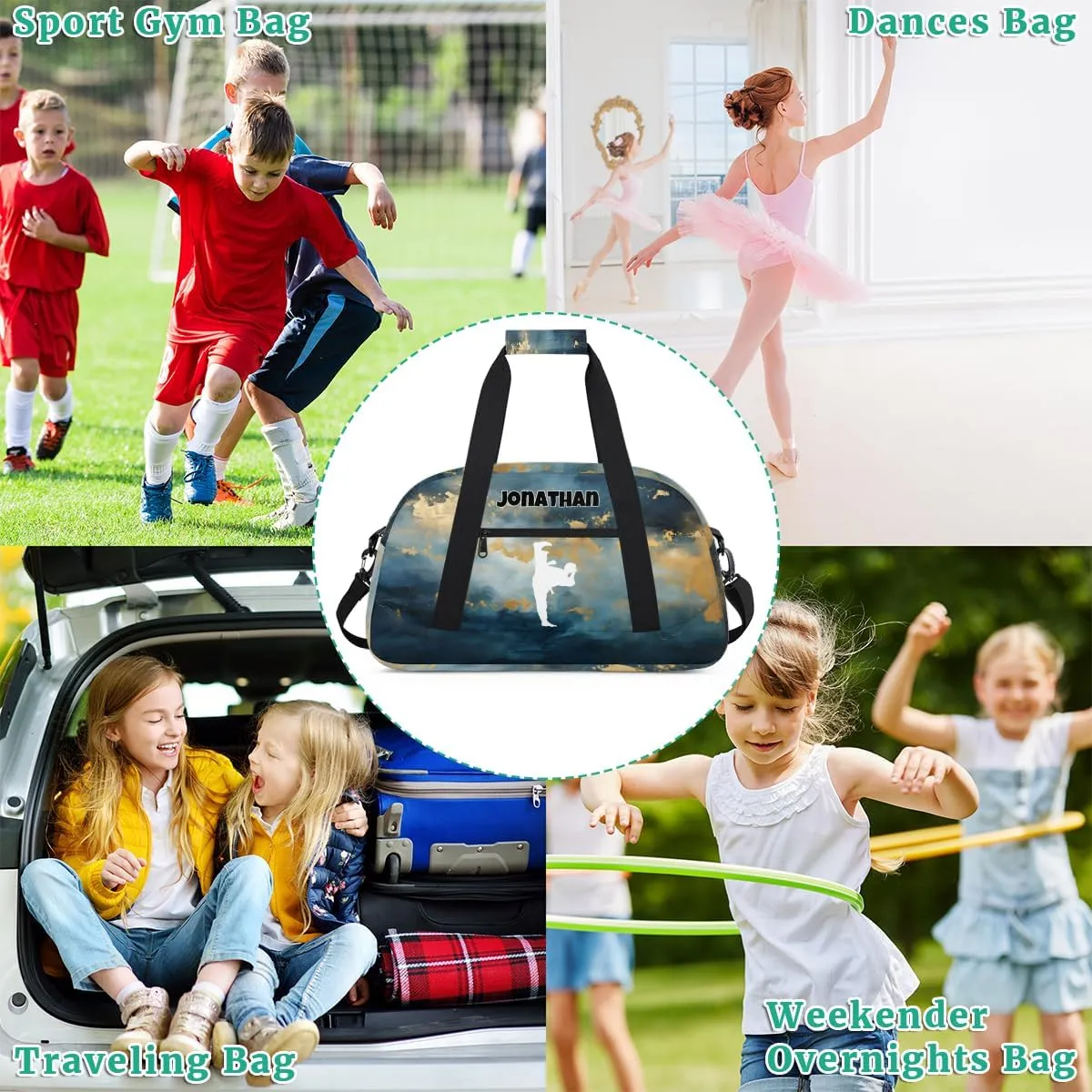 Personalized Sports Duffel Bag with Name, Men Sport Duffel Gym Training Bag Weekender Bags Athlete Bag Travel Workout Duffel Bag, Taekwondo Silhouette Dark Blue Green Marble Pattern