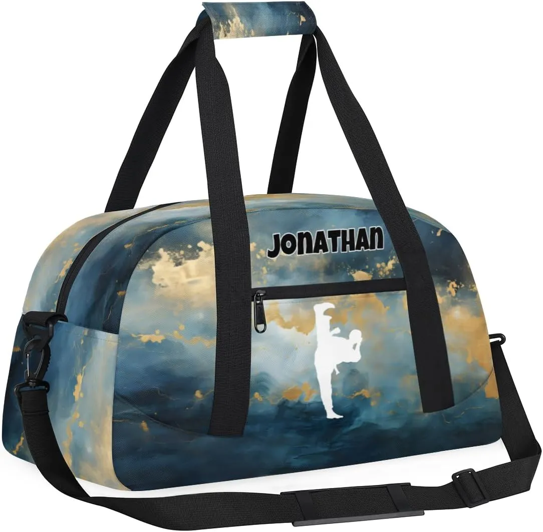 Personalized Sports Duffel Bag with Name, Men Sport Duffel Gym Training Bag Weekender Bags Athlete Bag Travel Workout Duffel Bag, Taekwondo Silhouette Dark Blue Green Marble Pattern