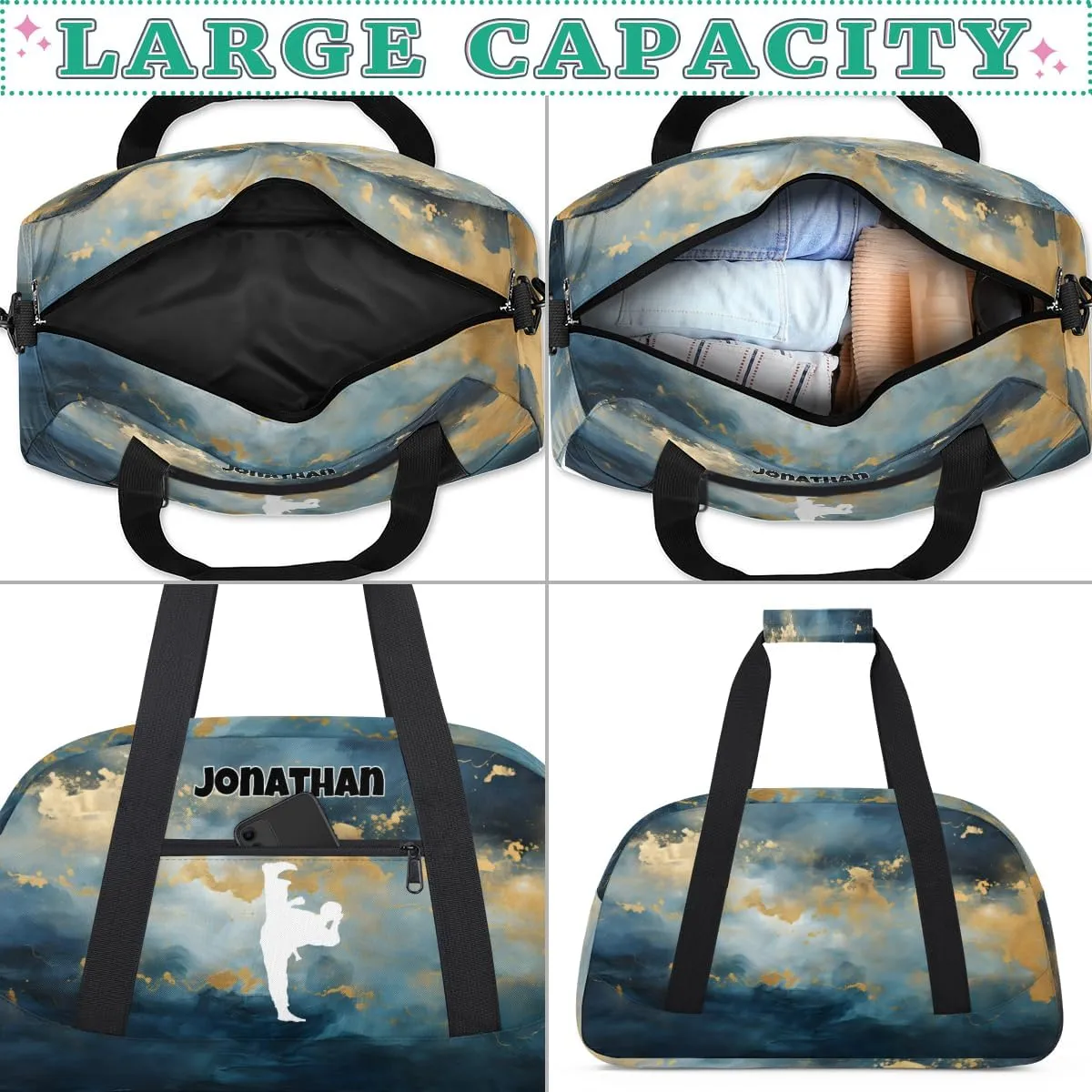 Personalized Sports Duffel Bag with Name, Men Sport Duffel Gym Training Bag Weekender Bags Athlete Bag Travel Workout Duffel Bag, Taekwondo Silhouette Dark Blue Green Marble Pattern
