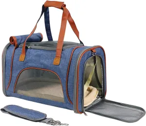 Pet Carrier Bag Portable Cat Dog Travel Carrier Bag, Collapsible Comfortable Breathable Dog Carrier Handbag, Pet Cage with Locking Safety Zippers for Outgoing Travel Hiking (Denim Blue)