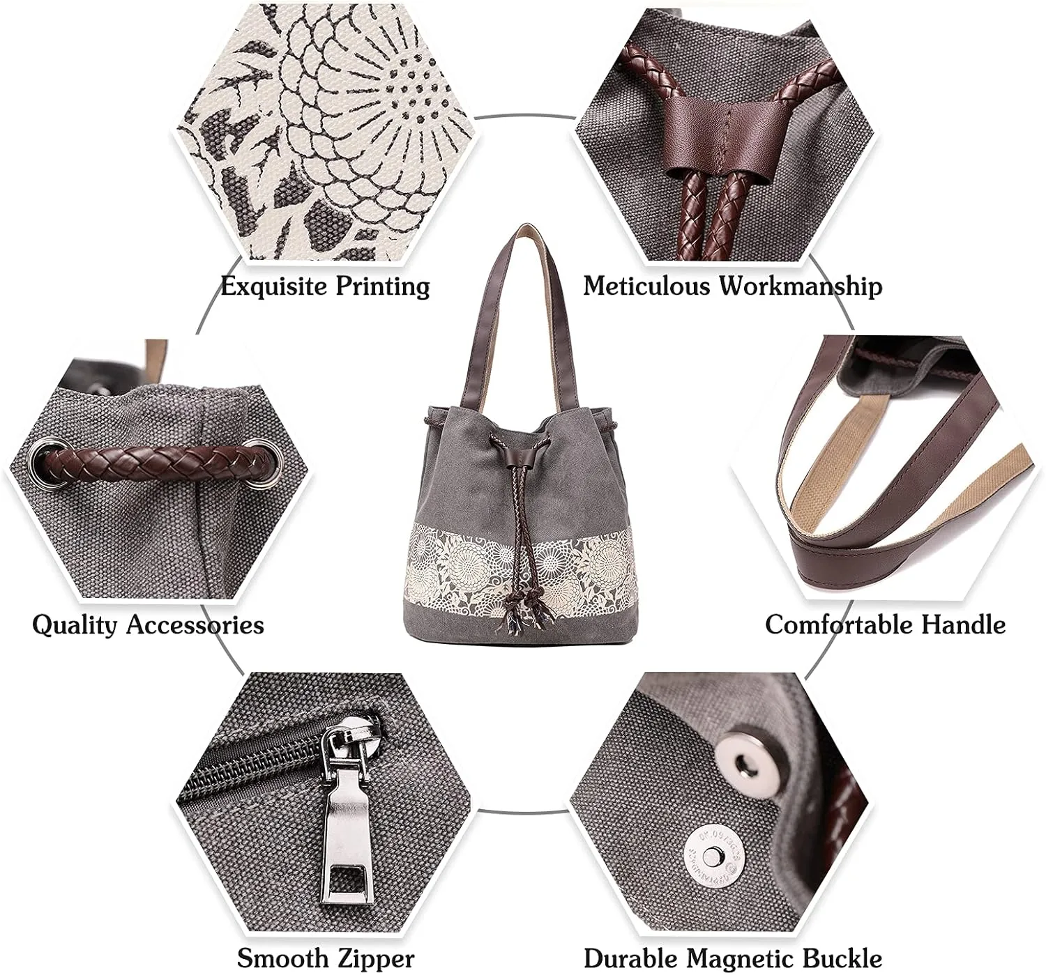 PORRASSO Women Shoulder Bag Canvas Tote Bag Retro Drawstring Bucket Bag Ladies