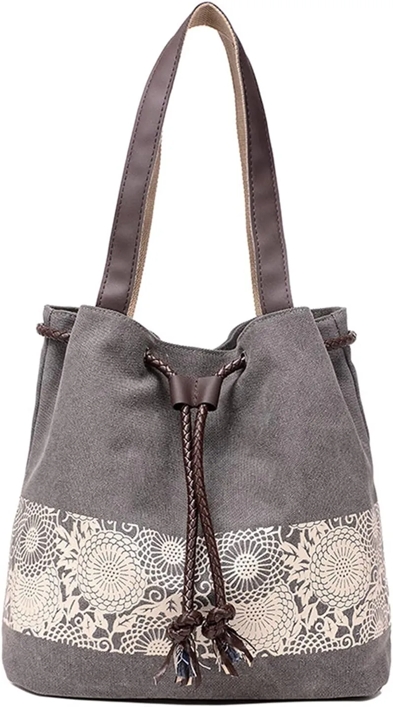 PORRASSO Women Shoulder Bag Canvas Tote Bag Retro Drawstring Bucket Bag Ladies