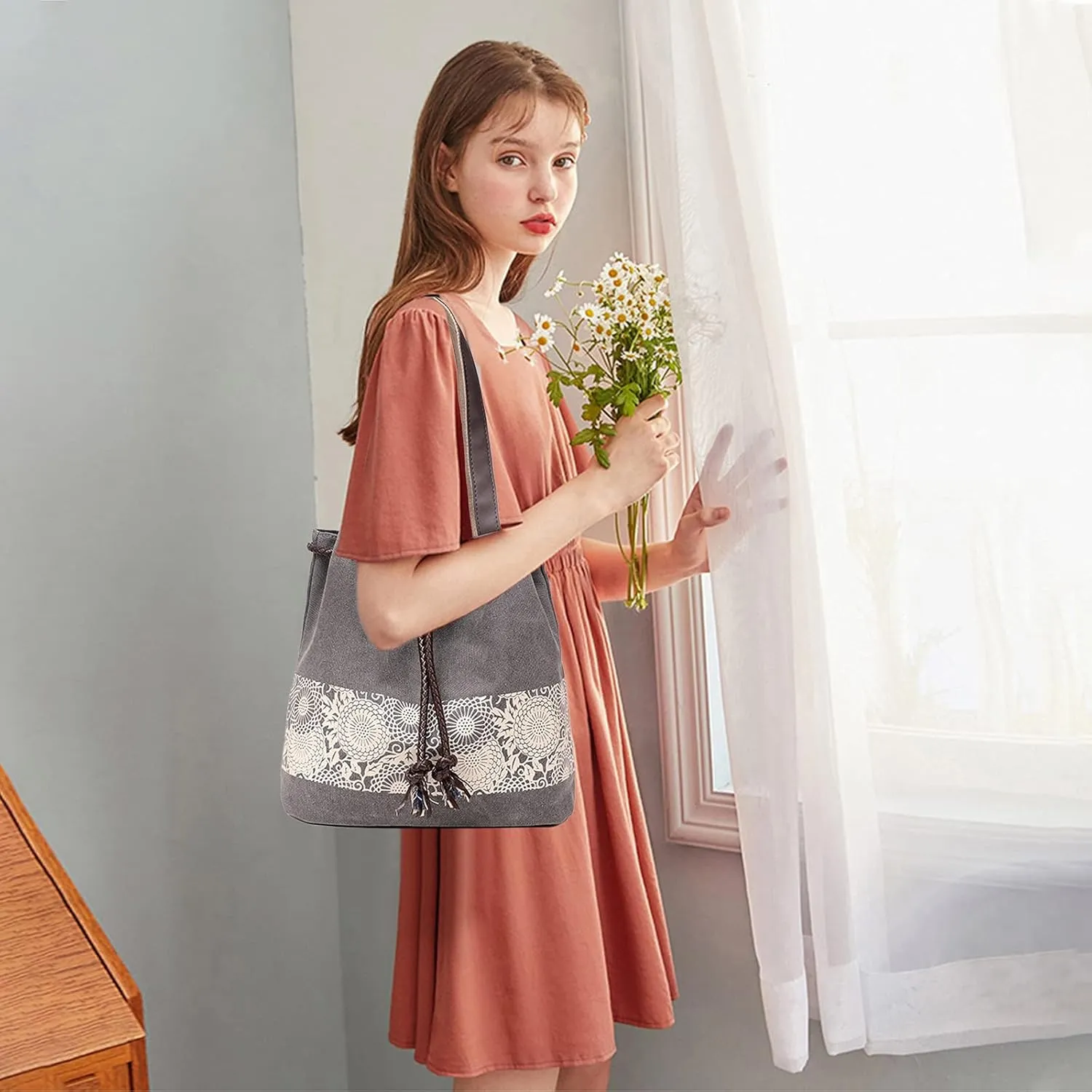 PORRASSO Women Shoulder Bag Canvas Tote Bag Retro Drawstring Bucket Bag Ladies