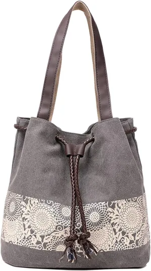 PORRASSO Women Shoulder Bag Canvas Tote Bag Retro Drawstring Bucket Bag Ladies