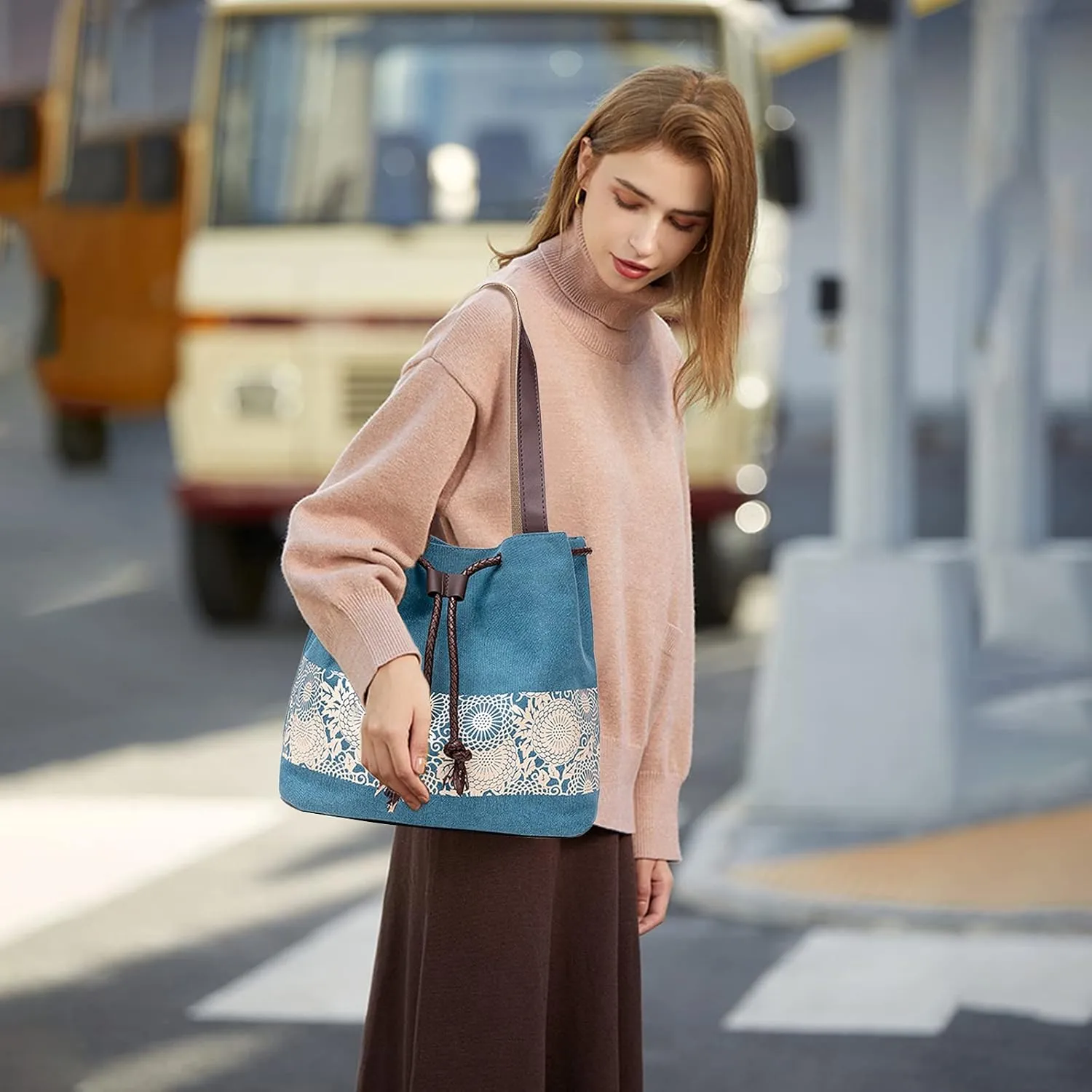 PORRASSO Women Shoulder Bag Canvas Tote Bag Retro Drawstring Bucket Bag Ladies
