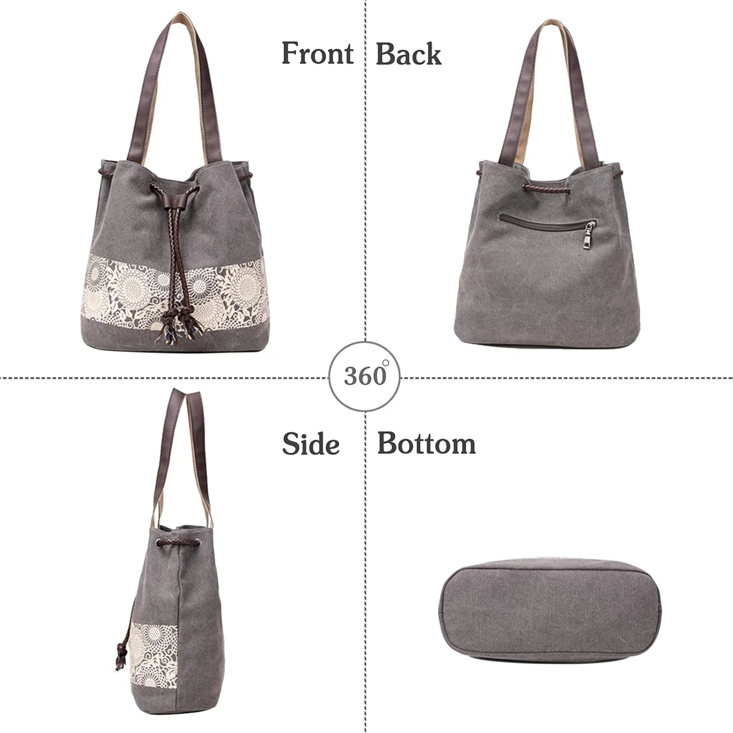 PORRASSO Women Shoulder Bag Canvas Tote Bag Retro Drawstring Bucket Bag Ladies