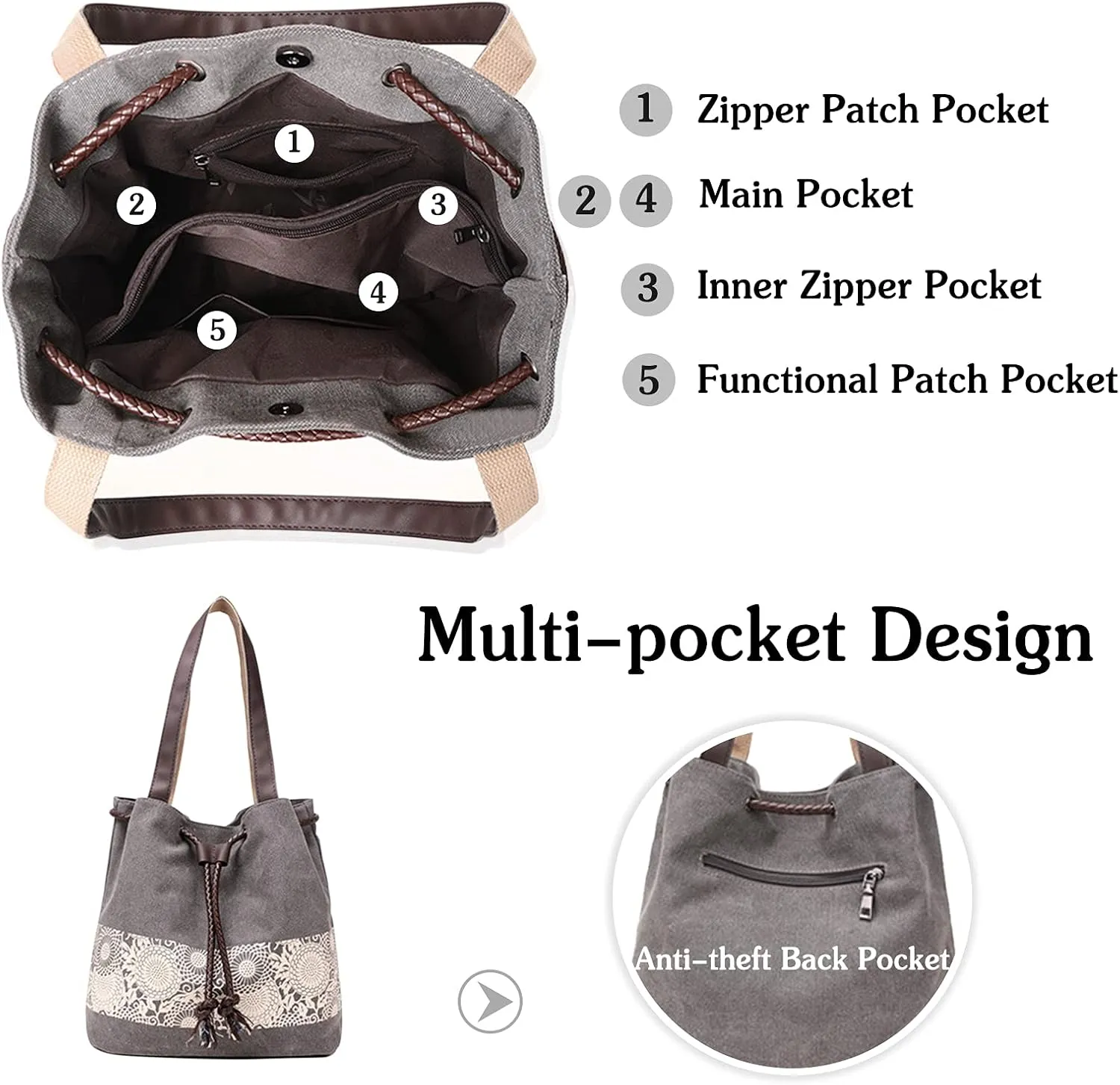 PORRASSO Women Shoulder Bag Canvas Tote Bag Retro Drawstring Bucket Bag Ladies