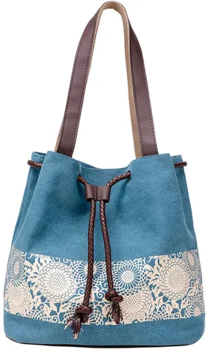 PORRASSO Women Shoulder Bag Canvas Tote Bag Retro Drawstring Bucket Bag Ladies