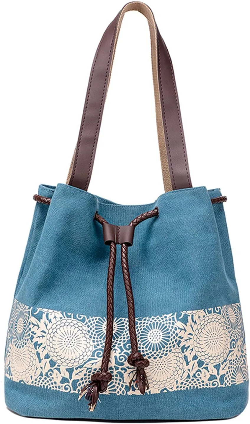PORRASSO Women Shoulder Bag Canvas Tote Bag Retro Drawstring Bucket Bag Ladies