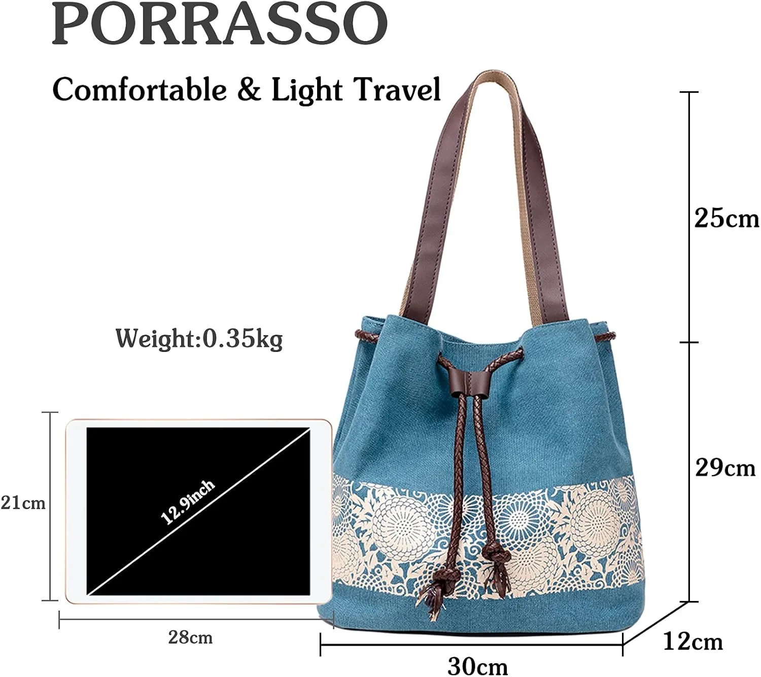 PORRASSO Women Shoulder Bag Canvas Tote Bag Retro Drawstring Bucket Bag Ladies