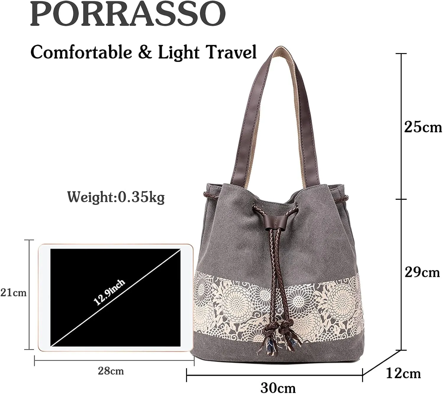 PORRASSO Women Shoulder Bag Canvas Tote Bag Retro Drawstring Bucket Bag Ladies