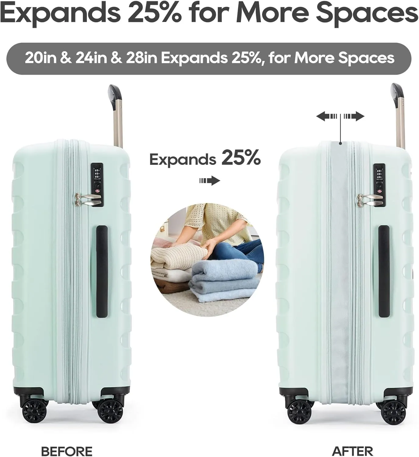 PP material 2-piece expandable luggage sets with Spinner Wheels， Suitcase with TSA Lock，Large Luggage for Family Travel carry on 20 28，Azure water color