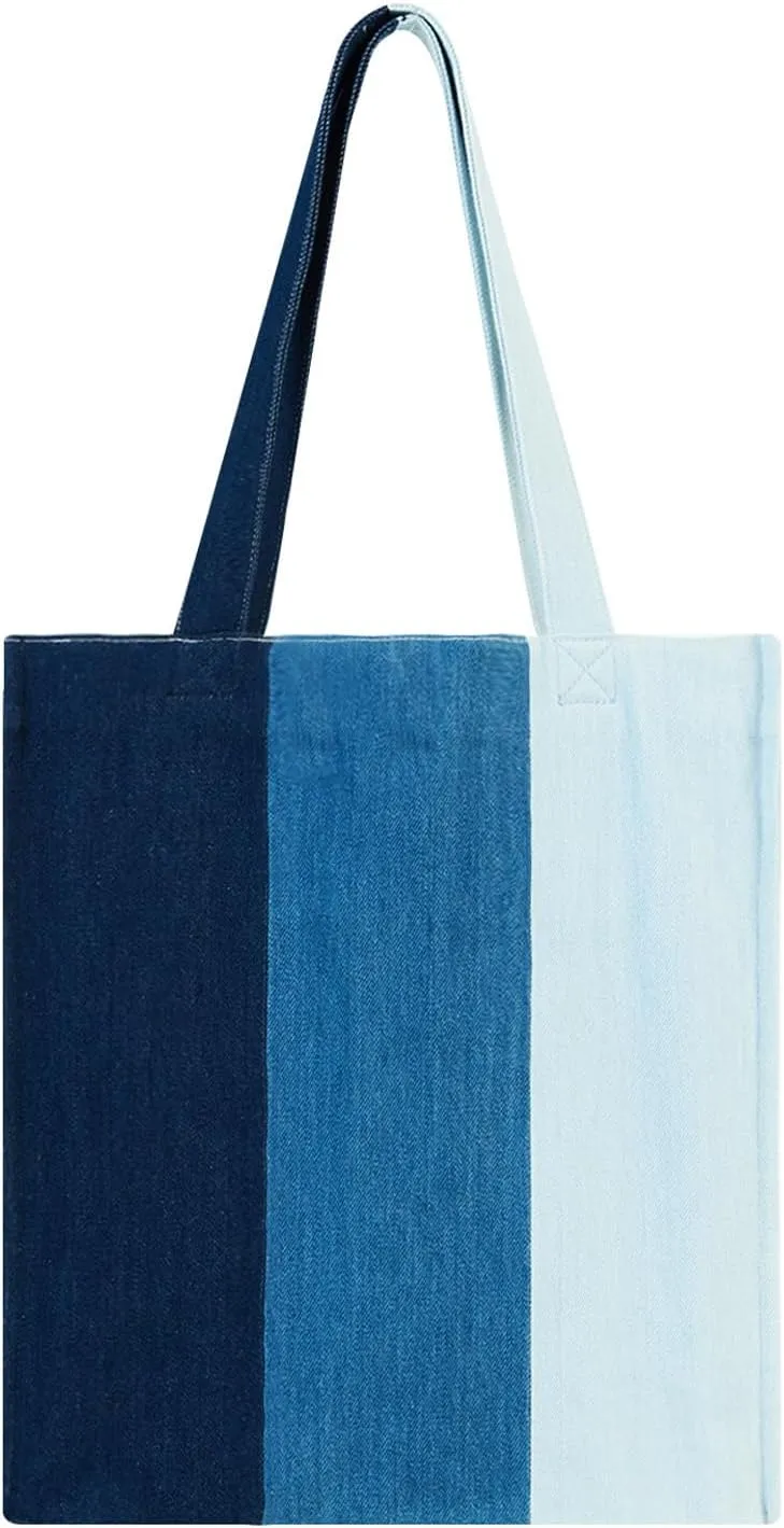 Premium Colorblock Denim Tote Bag for Women – 2025 Summer Lightweight Foldable Large Designer Shoulder Bag with Pockets