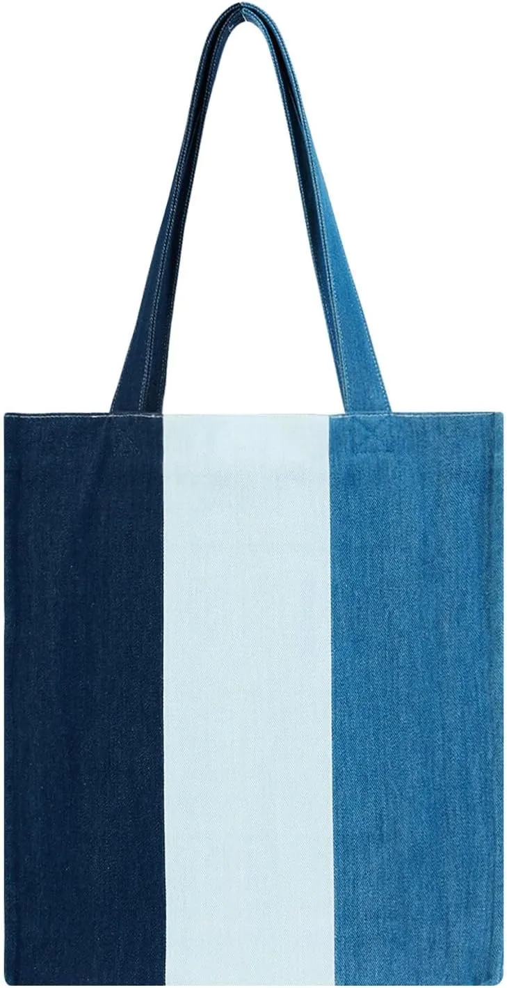 Premium Colorblock Denim Tote Bag for Women – 2025 Summer Lightweight Foldable Large Designer Shoulder Bag with Pockets