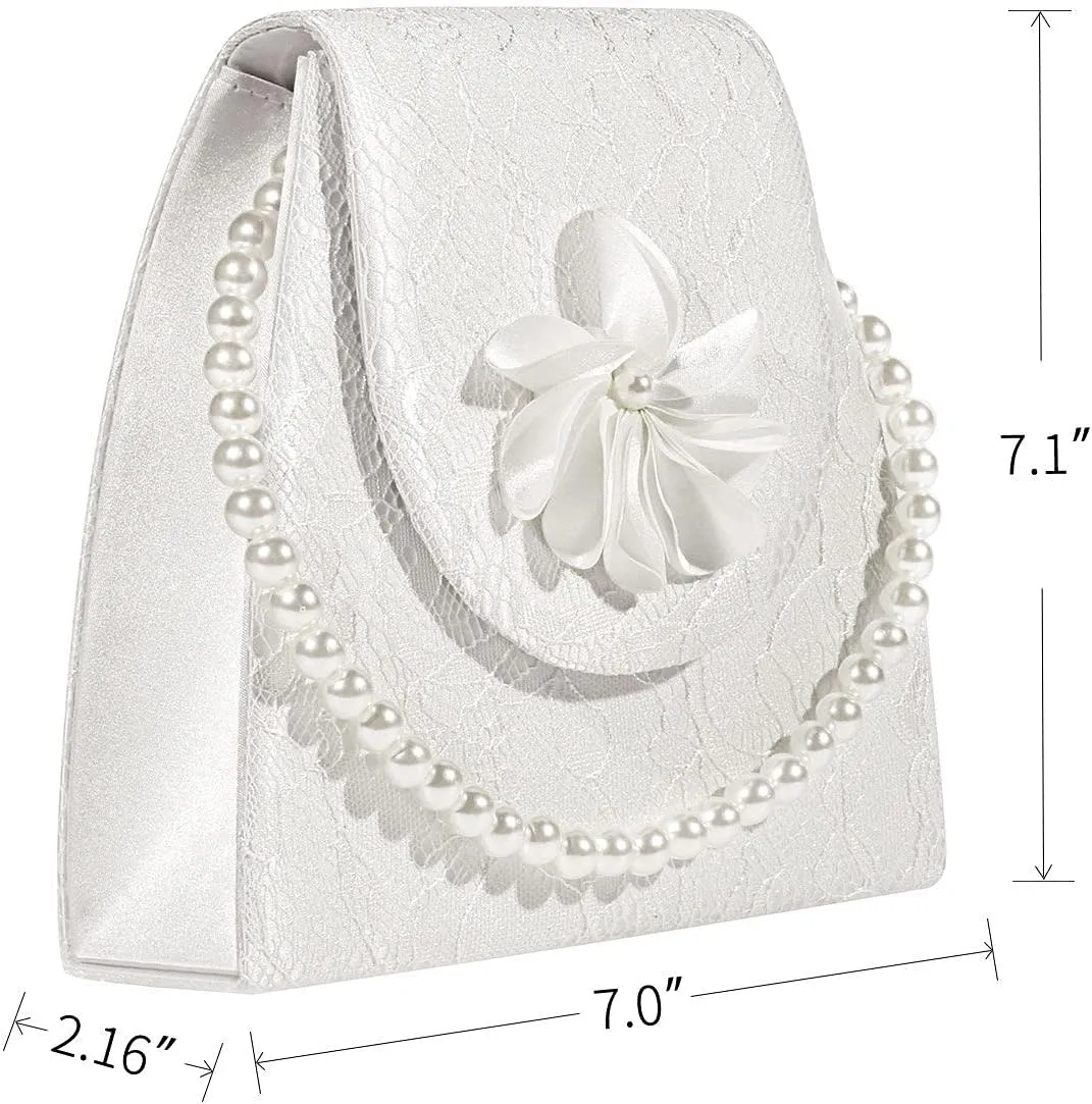Premium Floral Lace Satin Pearl Top Handle Clutch Handbag With Detachable Chain flower wedding Bridal Bag