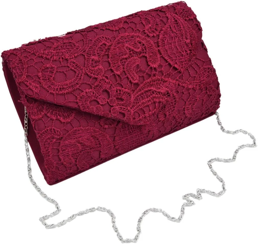 Premium Lace Paisley Floral Fabric Satin Envelope Flap Clutch Evening Bag